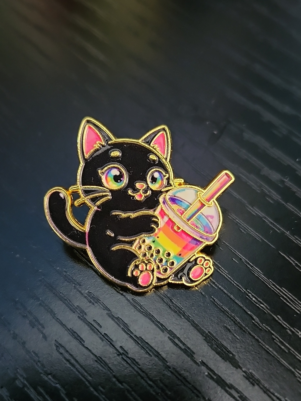 Black Cat with Rainbow Bubble Tea Enamel Pin - Cute Cat Pet Accessory
